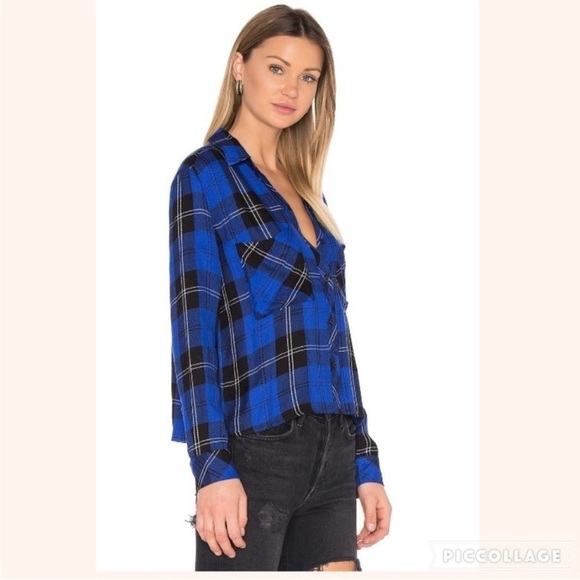 Rails Dylan Cobalt Tartan Plaid Button Down Cropped Shirt Small - Picture 2 of 12